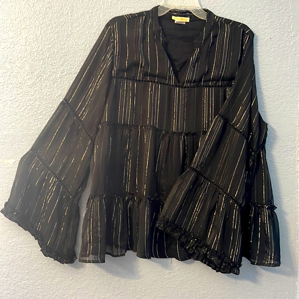Sweet magnolia black & silver layered clear blouse.